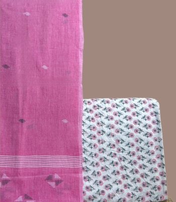 Bright pink jamdani dupatta with an ivory dense pink floral blockprint top fabric.