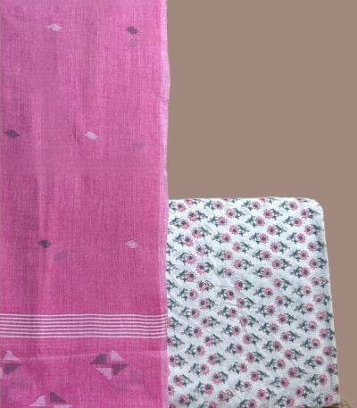 Bright pink jamdani dupatta with an ivory dense pink floral blockprint top fabric.
