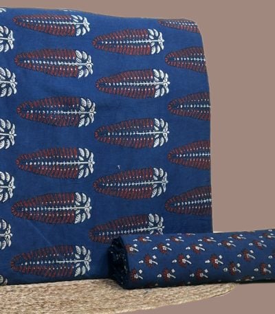 Indigo Ajrakh handblock leaf top with a small floral buti coordinated bottom fabric.