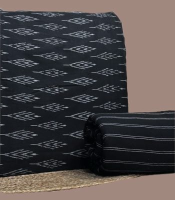 Black Ikkat temple motif top with a black handloom white striped bottom fabric.