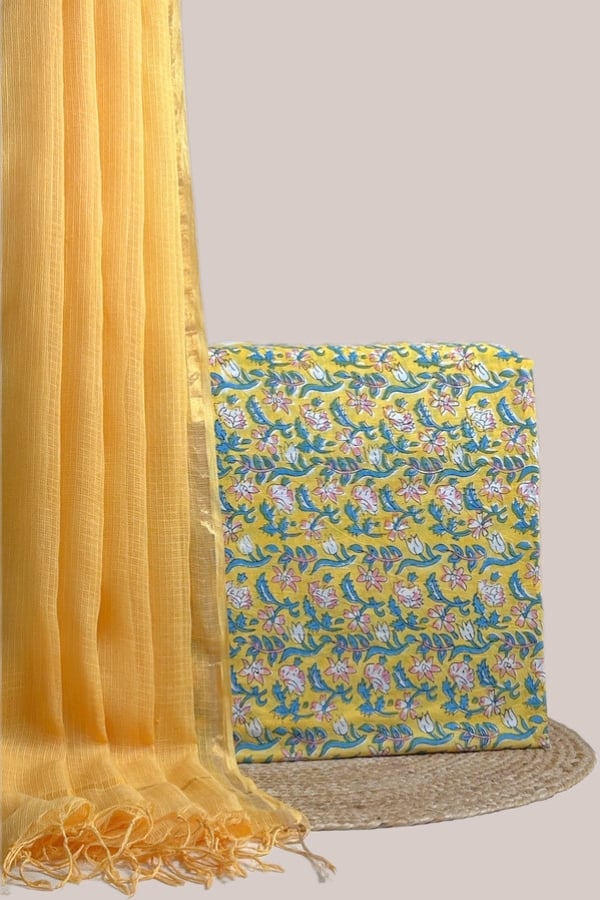 Yellow - 2pc AirLoom™ Kota Dupatta and Blockprinted Soft Cotton Top Fabric Set