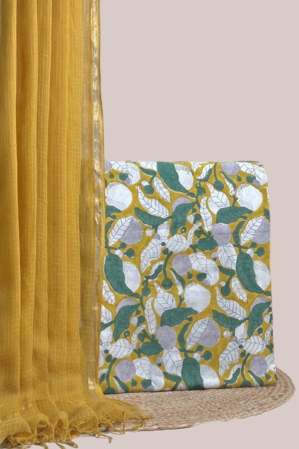Yellow - 2pc Avagata Airloom™ Kota Dupatta and Pure Soft Cotton Blockprint Top Fabric Set