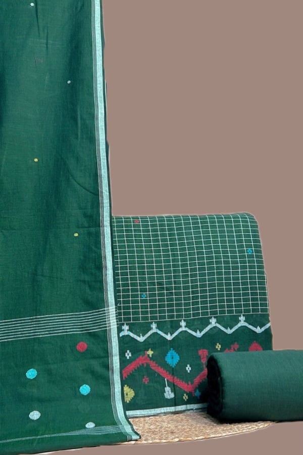 Green - 3pc Handloom Dupatta with Jamdani Intricate Border Top & Plain Handloom Bottom Set