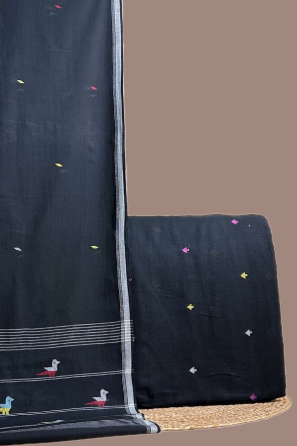 6 Black - 2pc Handloom Jamdani Dupatta and Plain Handloom Top Fabric Set - Image 1