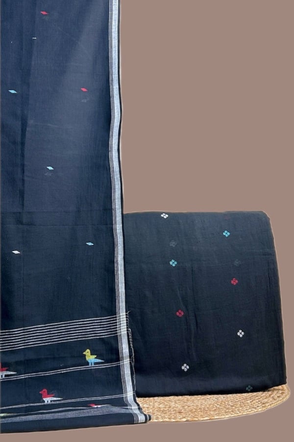 7 Black - 2pc Handloom Jamdani Dupatta and Plain Handloom Top Fabric Set - Image 1
