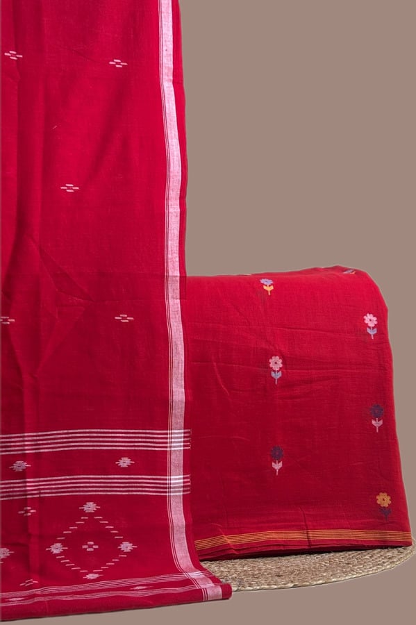 Red - 2pc Handloom Dupatta and Handloom Flower Motif Top Fabric Set