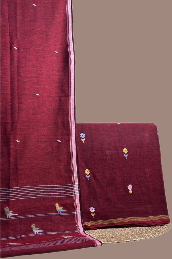 Red - 2pc Handloom Dupatta and Handloom Flower Motif Top Fabric Set