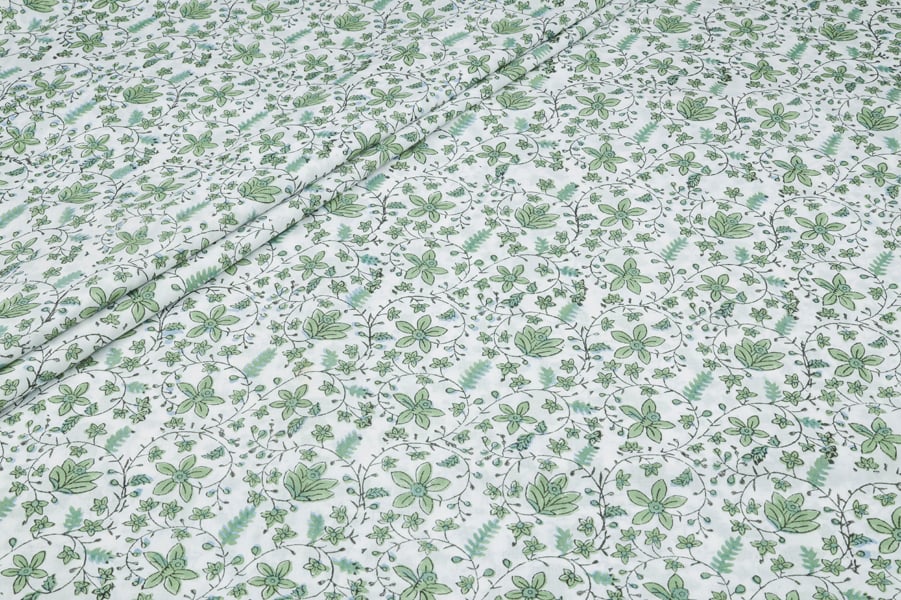 White Green Floral Jaal Pure Soft Cotton HandBlock Printed Fabric Authentic HandBlock Sanganeri Printed