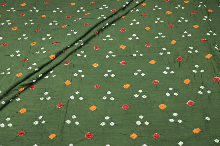 Forest Green Multicolour Bandhani Tie Dye 100% Pure Soft Cotton Fabric Authentic Hand Tie Dye Bandhani