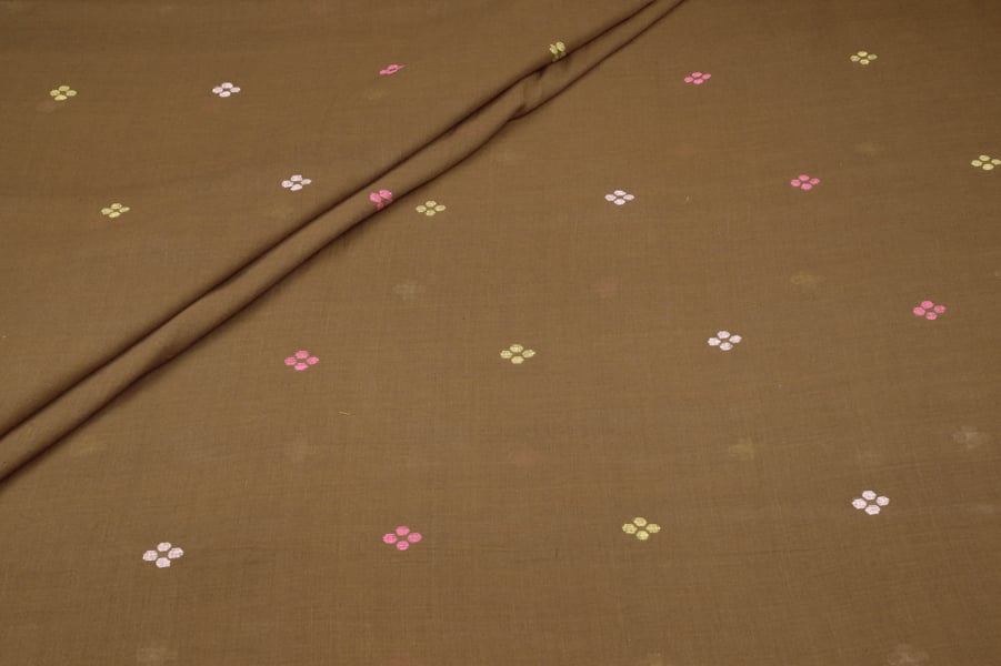 Brown Multicolour Buti Jamdani HandLoom Soft Cotton Fabric Authentic HandLoom Woven
