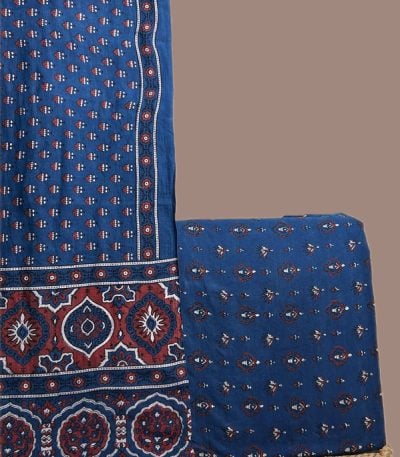 Indigo Ajrakh dupatta with madder medallion pallu and a matching indigo Ajrakh buti top.