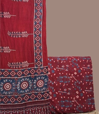 Madder red Ajrakh dupatta with leaf sprigs and indigo medallion pallu