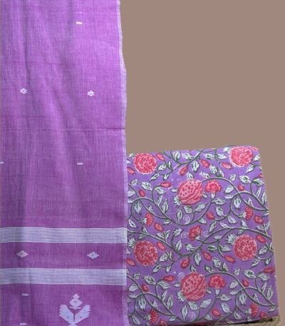 Orchid purple handloom jamdani dupatta with a purple top blockprinted in trailing pomegranate vines.