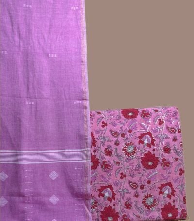 Lilac handloom jamdani dupatta with woven butis and a pink top blockprinted in red florals.