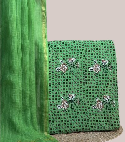 Sheer green AirLoom Kota dupatta with gold zari border and a green buti blockprint top.