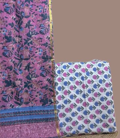 Pink floral blockprint dupatta with gold zari edging and an ivory buti blockprint top.