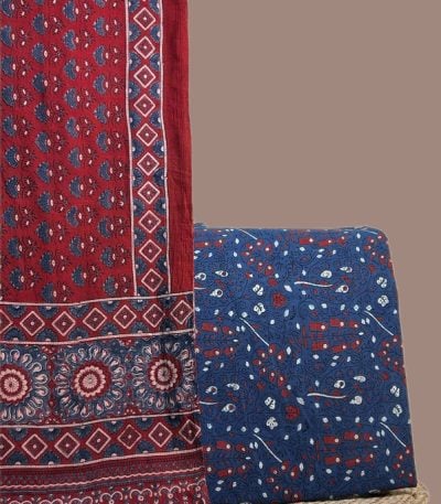 Madder red Ajrakh dupatta with buti field and medallion pallu