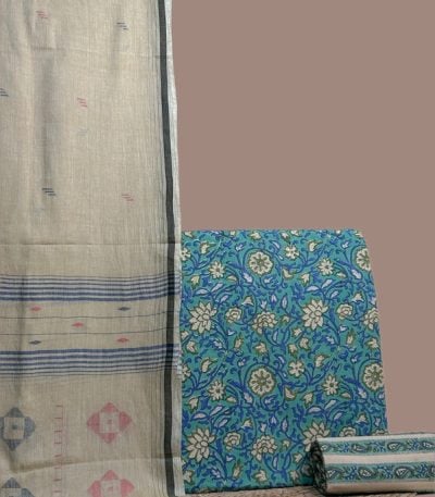 Beige handloom jamdani dupatta with a green floral blockprint top and coordinated printed bottom.