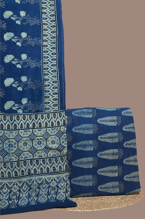 Blue - 2pc Ajrakh Dupatta and Ajrakh Handblock Top Fabric Set Indigo Ajrakh dupatta with ivory floral sprigs and an indigo Ajrakh leaf motif top.