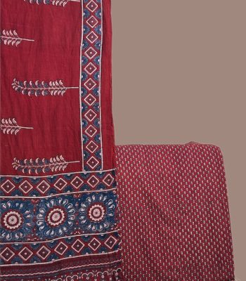 Madder red Ajrakh dupatta with leaf sprigs and medallion pallu