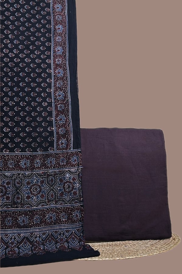 Purple - 2pc Ajrakh Dupatta and Handloom Solid Cotton Top Fabric Set Black Ajrakh dupatta with fine buti field and madder pallu