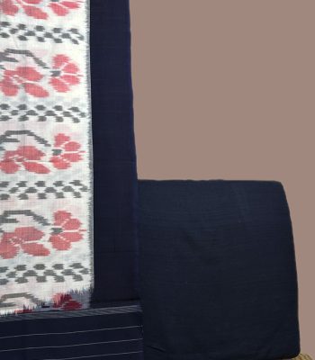 Ivory Ikkat dupatta with red floral motifs and navy border