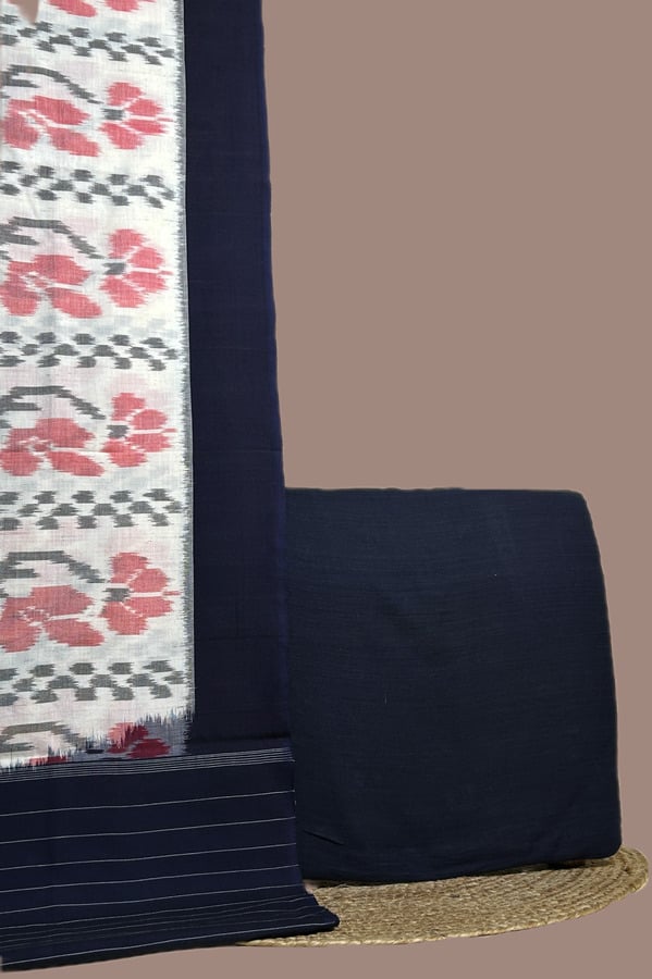 Blue - 2pc Ikkat Dupatta and Plain Handloom Soft Cotton Top Fabric Set Ivory Ikkat dupatta with red floral motifs and navy border