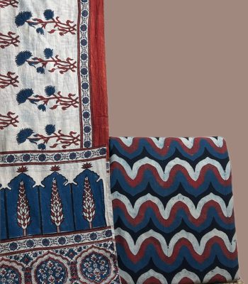 Ivory Ajrakh dupatta with indigo floral sprigs and madder border