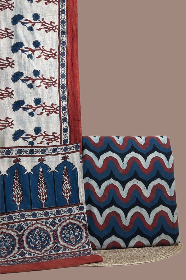 Blue - 2pc Ajrakh Dupatta and Ajrakh Handblock Top Fabric Set Ivory Ajrakh dupatta with indigo floral sprigs and madder border