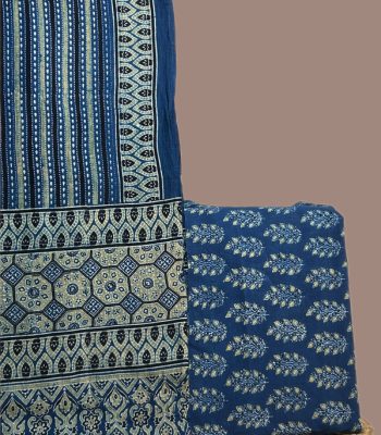 Indigo Ajrakh dupatta in fine printed stripes with an indigo Ajrakh leaf buti top.
