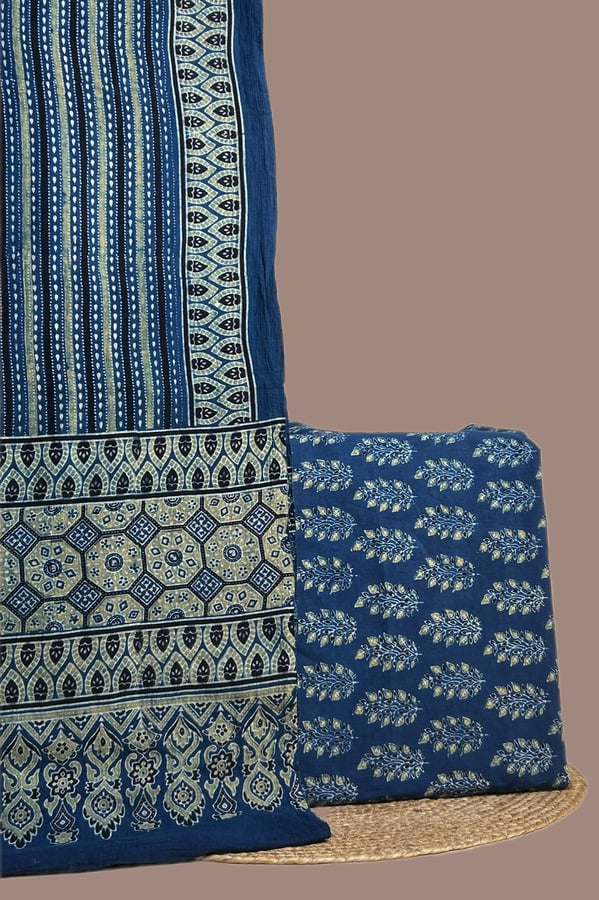 Blue - 2pc Ajrakh Dupatta and Ajrakh Handblock Top Fabric Set Indigo Ajrakh dupatta in fine printed stripes with an indigo Ajrakh leaf buti top.