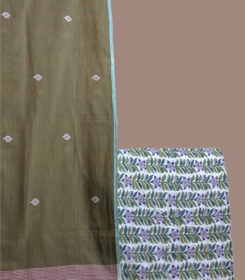 Olive green handloom jamdani dupatta with an ivory top blockprinted in leaves and violets.