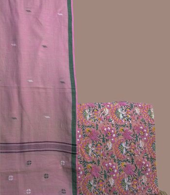 Pink handloom jamdani dupatta with green border and a peach dense floral blockprint top.