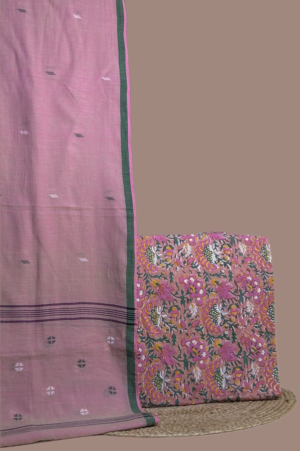 Pink - 2pc Handloom Cotton Dupatta and Blockprint Soft Cotton Top Fabric Set Pink handloom jamdani dupatta with green border and a peach dense floral blockprint top.