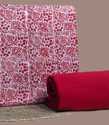 Ivory top blockprinted in dense red paisley and florals