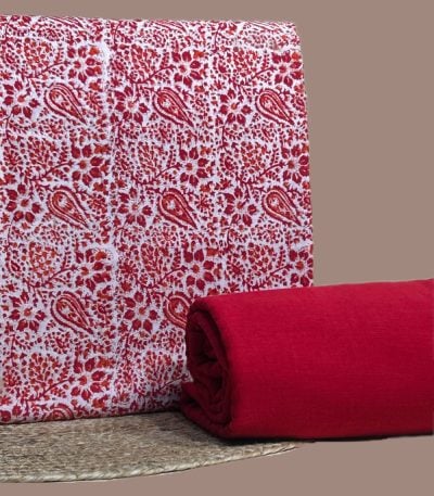 Ivory top blockprinted in dense red paisley and florals