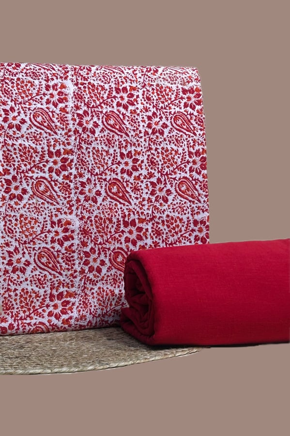 White - 2pc Blockprint Soft Cotton Top and Handloom Plain Hand Dyed Bottom Fabric Set Ivory top blockprinted in dense red paisley and florals