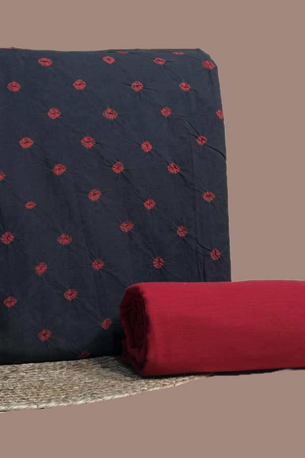 Black - 2pc Bandhani Cotton Top and Handloom Plain Hand Dyed Bottom Fabric Set Black bandhani top with madder red tie dyed dots and a plain maroon bottom.