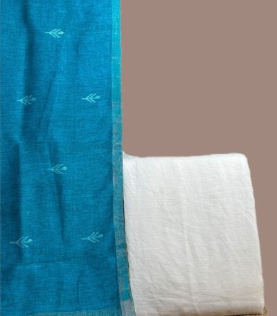 Teal handloom woven linen dupatta with butis and zari edge