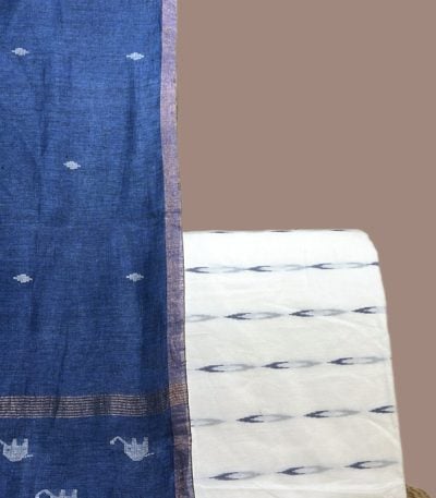 Blue handloom linen dupatta with zari border and an ivory Ikkat top in grey motifs.