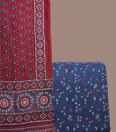 Madder red Ajrakh dupatta with buti field and medallion pallu
