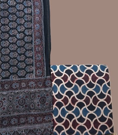 Black Ajrakh dupatta with indigo floral butis and a black Ajrakh ogee lattice top.