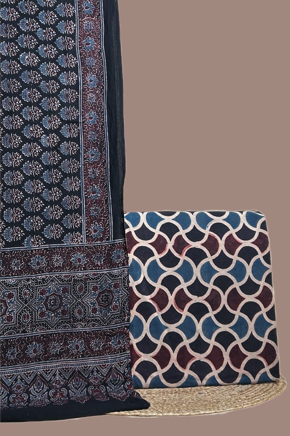 Black - 2pc Ajrakh Dupatta and Ajrakh Handblock Top Fabric Set Black Ajrakh dupatta with indigo floral butis and a black Ajrakh ogee lattice top.