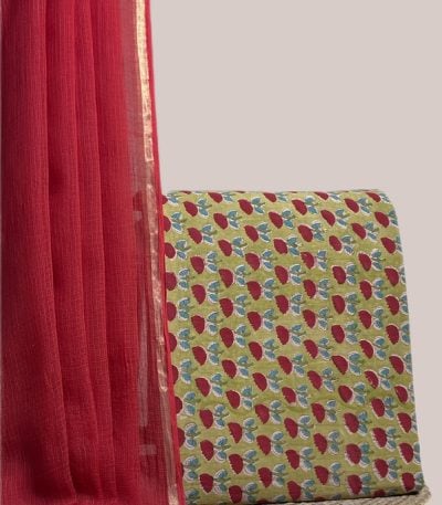 Sheer red AirLoom Kota dupatta with gold zari border and an olive green floral buti top.