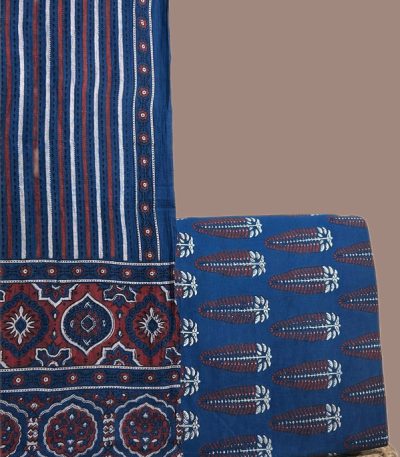 Indigo Ajrakh dupatta striped in madder and ivory