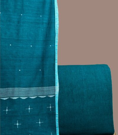 Teal handloom jamdani dupatta with white butis and a plain matching teal handloom top.