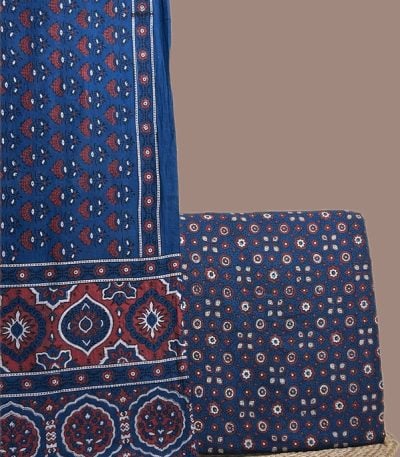 Indigo Ajrakh dupatta with buti field and madder medallion pallu