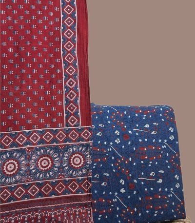 Madder red Ajrakh dupatta with fine buti field and medallion pallu