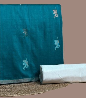 Teal handloom cotton silk top woven with intricate zari butis