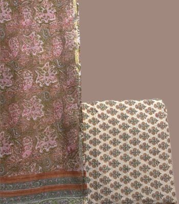 Dusty rose paisley printed dupatta with striped border and an ivory floral buti top.